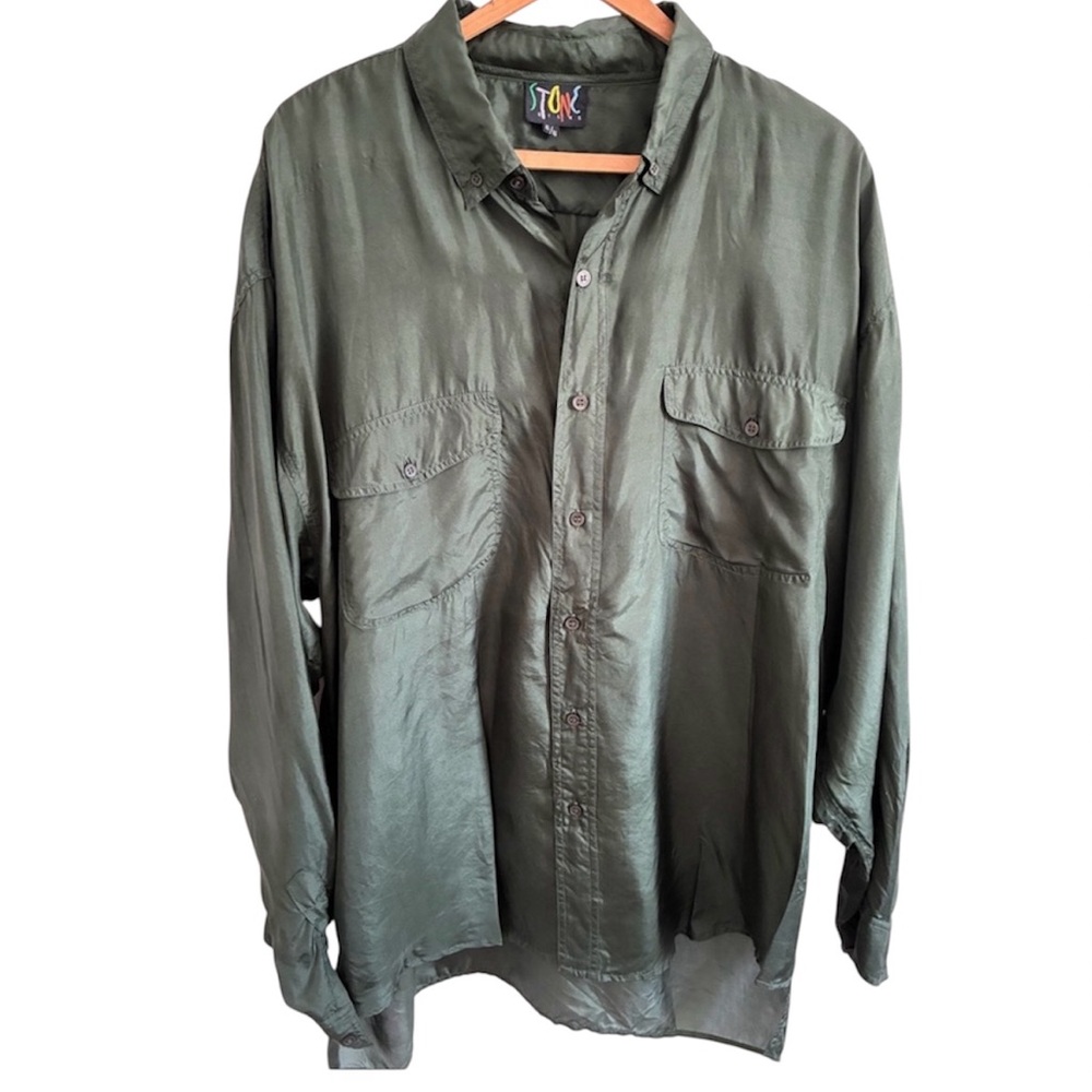 Vintage 90s Stone Silks 100% Silk Olive Green Oversized Button-Down Shirt | XL